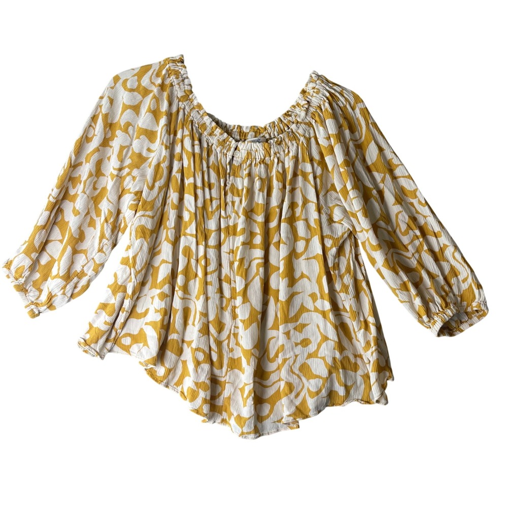 Terra & Sky Womens 0X 14W Mustard Yellow Abstract Floral Peasant Blouse Top